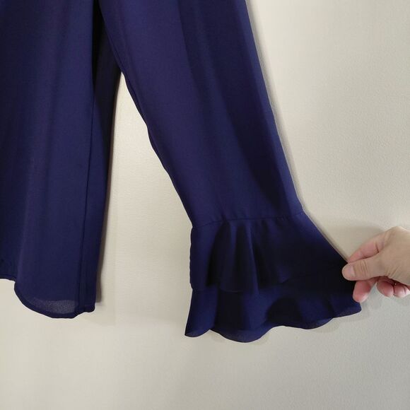 🦋3/$25 Banana Republic Small Navy Blue Long Sleeve Ruffle Sheer Blouse - Picture 3 of 10